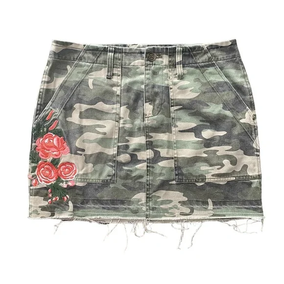 Sanctuary Skirts Sanctuary Green Camo Skirt With Red Floral Embroidery And Frayed Hem 26 Poshmark